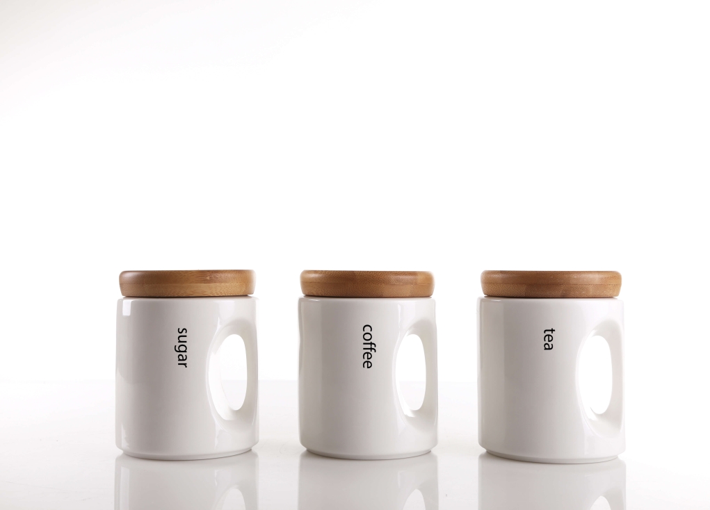 סט תה/קפה/סוכר פורצלן עם מכסה במבוק