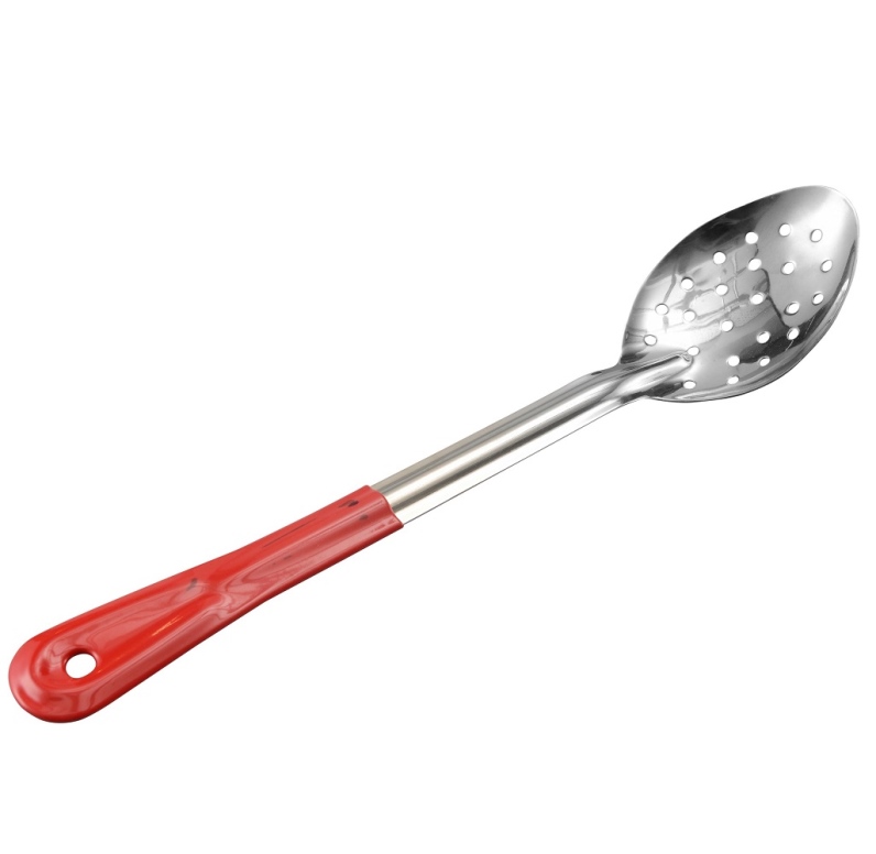 כף חלוקה/זיתים נירוסטה מחורר 33 ס"מ מצופה גומי אדום