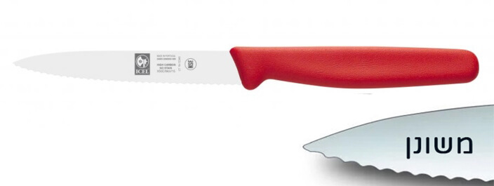 סכין ירקות משונן שפיץ 10 ס"מ ידית פלסטיק אדומה ICEL