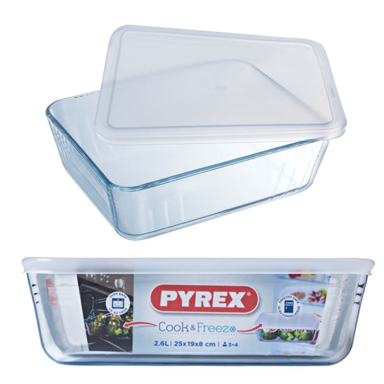 תבנית זכוכית מלבני 25/19/8 ס"מ 2.7 ליטר+מכסה  PYREX