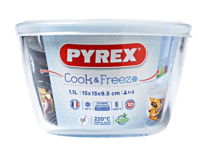 קערה/כלי אחסון עגול 16 ס"מ + מכסה פלסטיק 1.6 ליטר PYREX