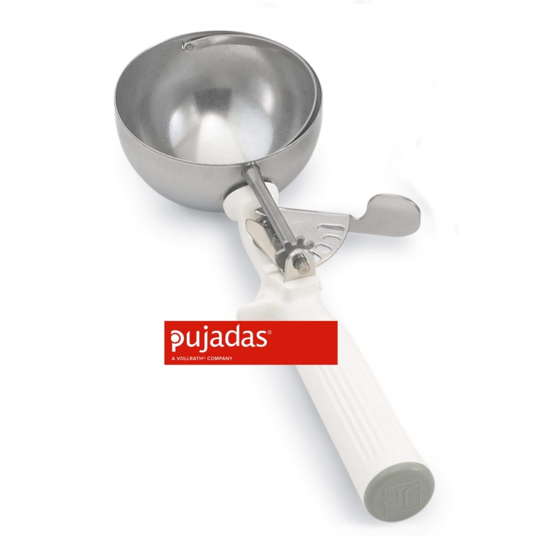 כף מידה קפיץ(גלידה) נירוסטה 157.7 מ"ל קוטר 76 מ"מ ידית לבנה PUJADAS
