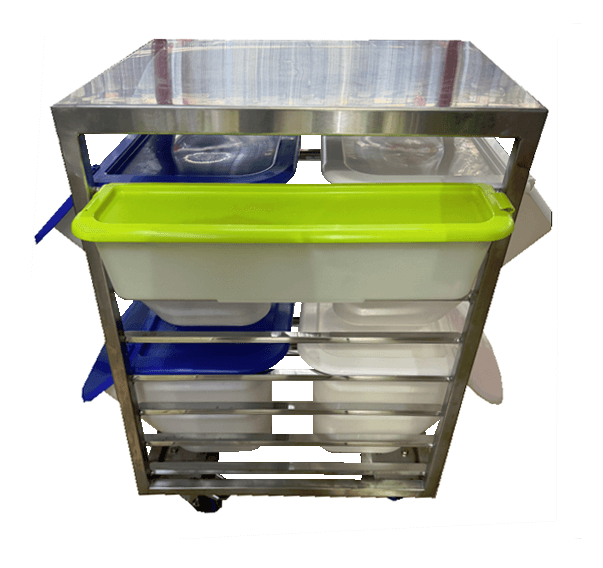 עגלה נירוסטה נמוכה 8 מסלולים+מדף עליון 61/46 ס"מ גובה 91 ס"מ ל4 מיכלים+מיכל זרעים צדי "נטו"