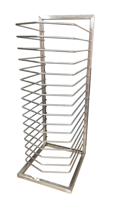 מעמד נירוסטה מחוזק H.D ל-16 מגשי פיצה 35-45 ס"מ  מרחק בין מחזיק למחזיק 5.5 ס"מ גובה כללי 87 ס"מ